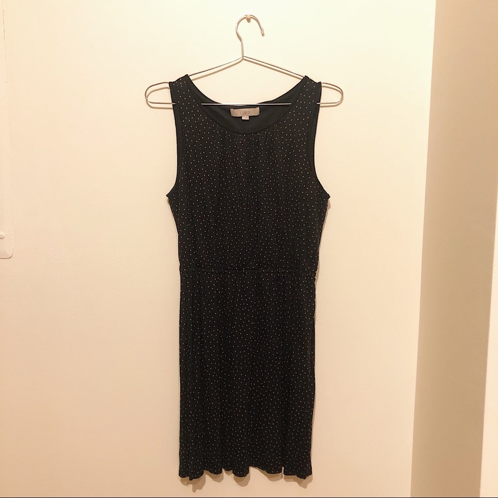 LOFT Black Polka Dot A-Line Cinched Sleeveless Scoop Neck Dress